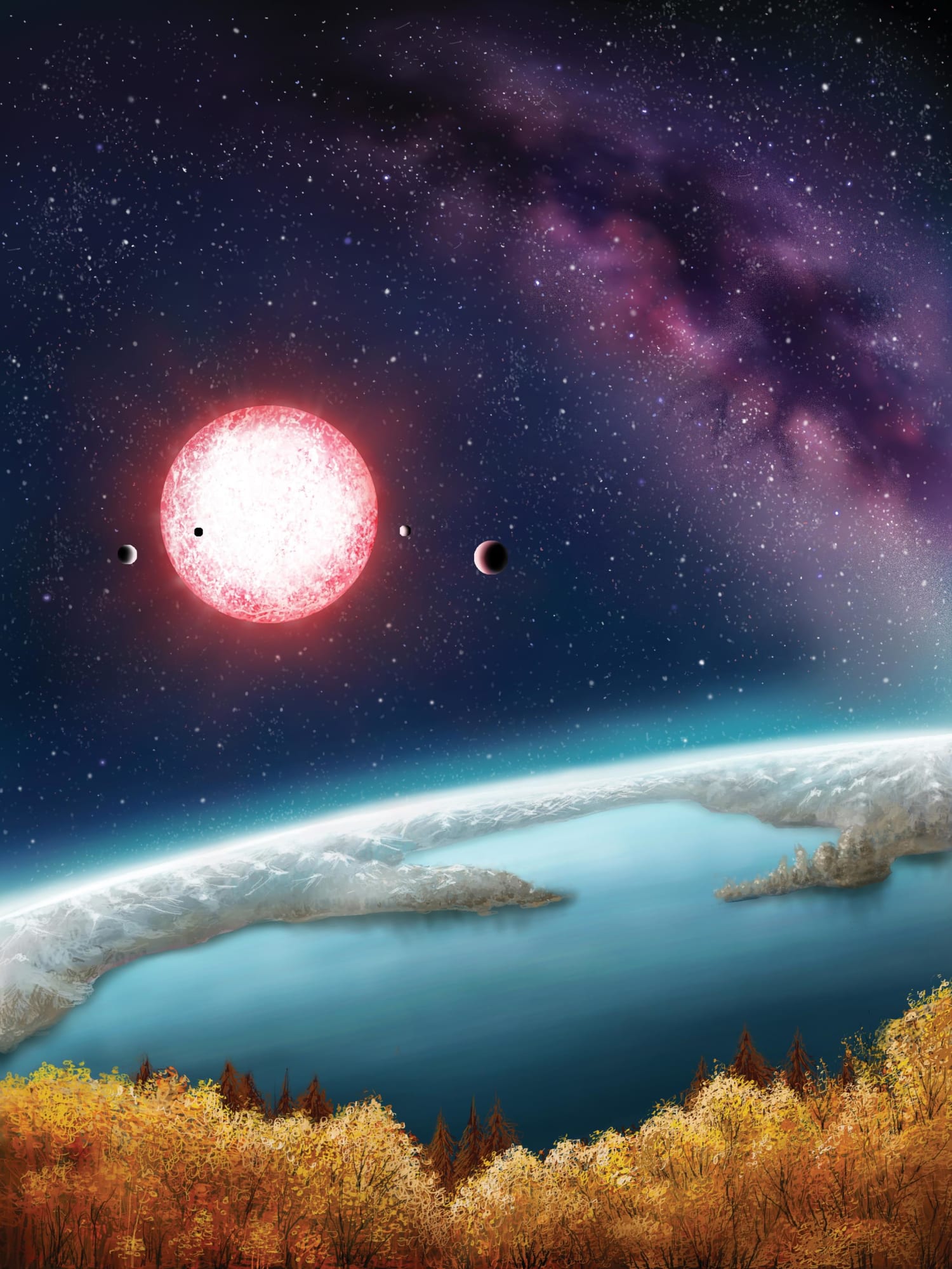 This artwork provides a speculative view of a landscape on Kepler-186f, an Earth-sized planet orbiting a faraway M-class dwarf star.