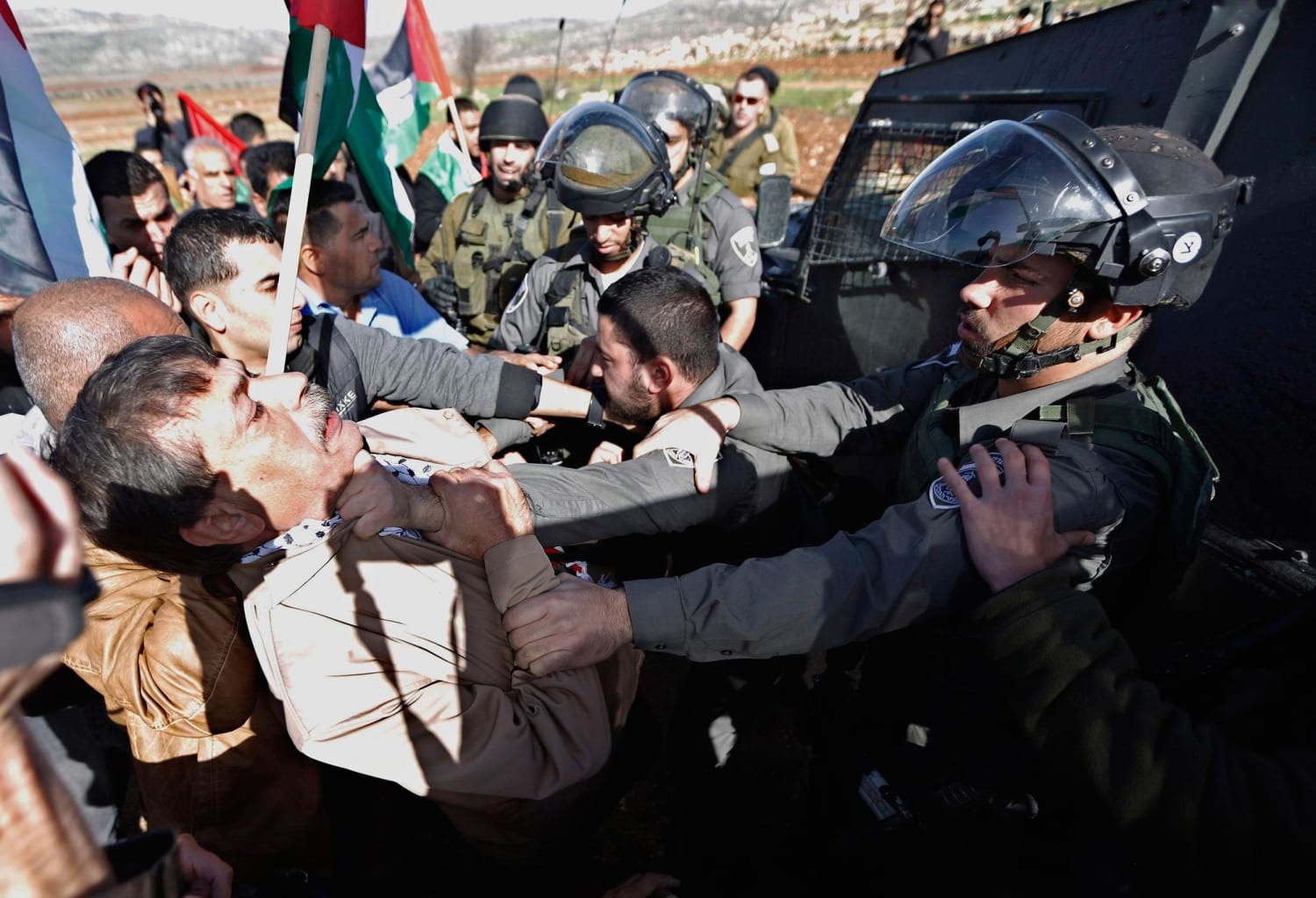Image: Palestinian minister Ziad Abu Ein scuffles with an Israeli border policeman near the West Bank city of Ramallah