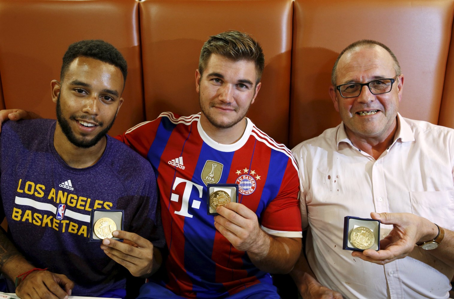 Anthony Sadler, from Pittsburg, California, Aleck Sharlatos from Roseburg, Oregon, and Chris Norman, a British man living in France (L-R), three men who helped to disarm an attacker on a train from Amsterdam to France