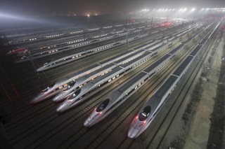 Image: CRH380 Harmony bullet trains are seen at a high-speed train maintenance base in Wuhan