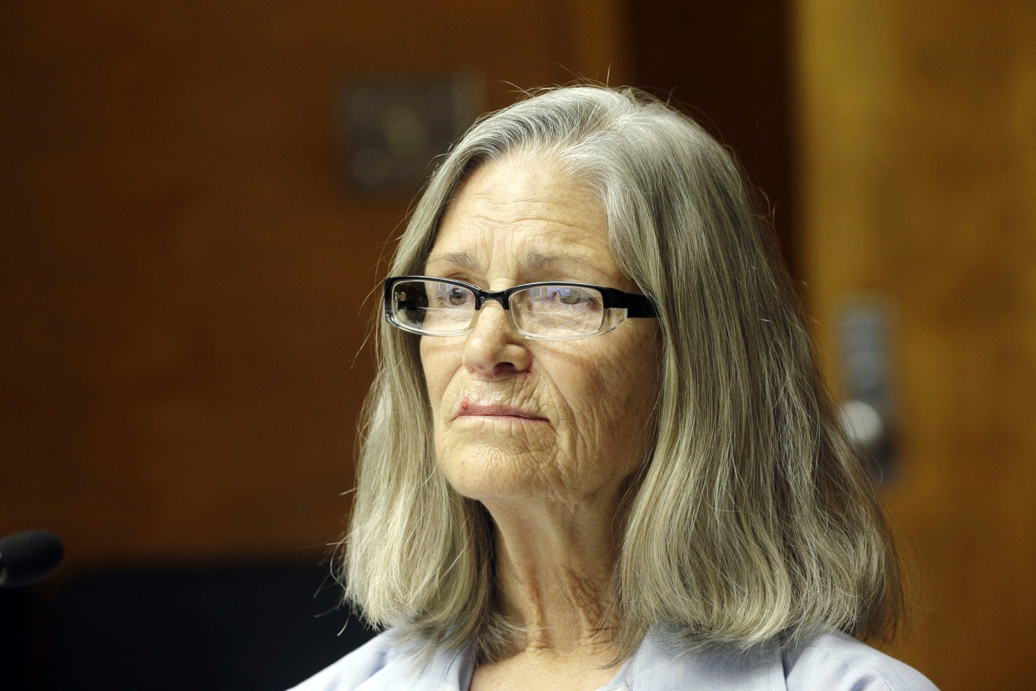 Former Charles Manson follower Leslie Van Houten is seen during a hearing before the California Board of Parole Hearings at the California Institution for Women in Chino, Calif., Thursday, April 14, 2016. Nick Ut / AP