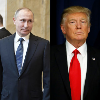 Image: (Left) Russian President Vladimir Putin at the Moscow State University in Moscow, Russia on Jan. 25. (Right) President Donald Trump in Washington, D.C. on Jan. 25.