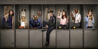 The cast of "Brooklyn Nine-Nine:"  L-R: Stephanie Beatriz, Joe Lo Truglio, Andre Braugher, Andy Samberg, Melissa Fumero,Terry Crews and Chelsea Peretti. 