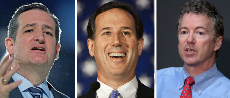 Image: Sen. Ted Cruz, former senator Rick Santorum and Sen. Rand Paul. Three Republican presidential candidates say they are donating to charity the contributions they received from the leader of a white supremacist group mentioned by the alleged perpetra
