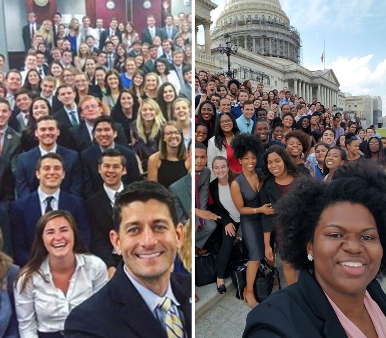 House Speaker Paul Ryan poses with Republican interns left and House Democratic interns pose and the steps of the Capitol