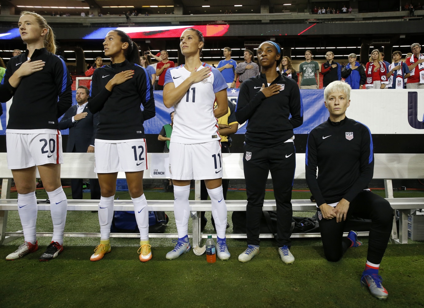 U.S. soccer star Megan Rapinoe kneels during anthem for 