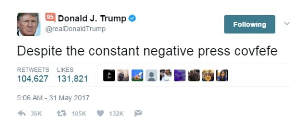Image: A tweet sent by President Donald Trump that contained the typo 