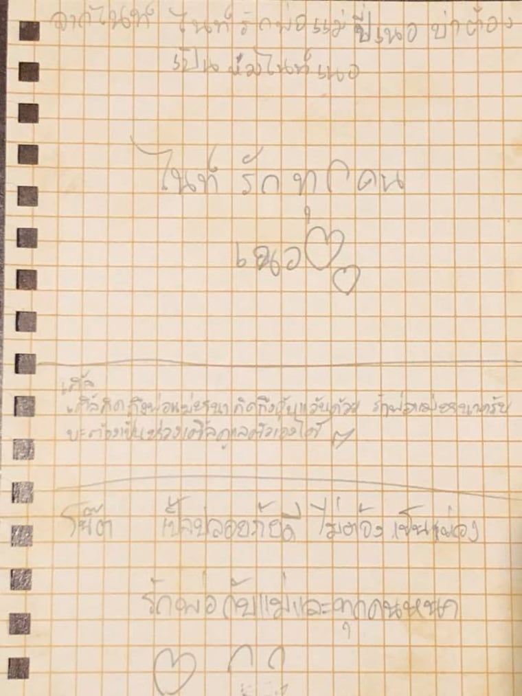   Manuscript The messages written by the boys, who are trapped in the Tham Luang cave in Chiang Rai with their football teammates and coach, are seen on a piece of paper 