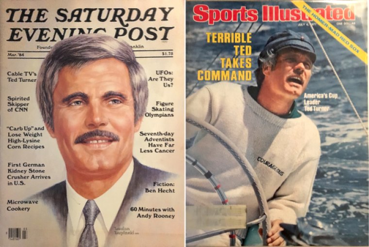 Ted Turner sur les couvertures du Saturday Evening Post en 1984 et de Sports illustrated en 1977.