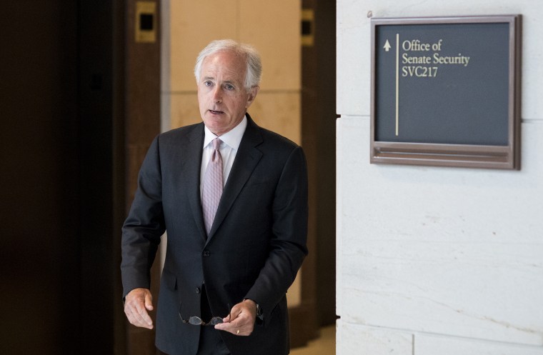 Sen. Bob Corker, R-Tenn., leaves a closed meeting in the Capitol on Russia sanctions on July 31, 2018.