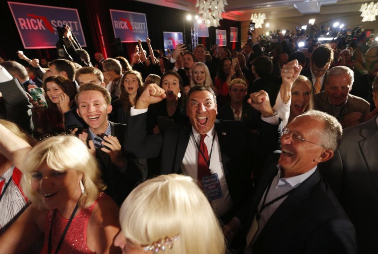Image: Supporters of U.S. Senate candidate Scott react to news of Republican gubernatorial candidate DeSantis winning his election at Scott's midterm election night party in Naples, Florida