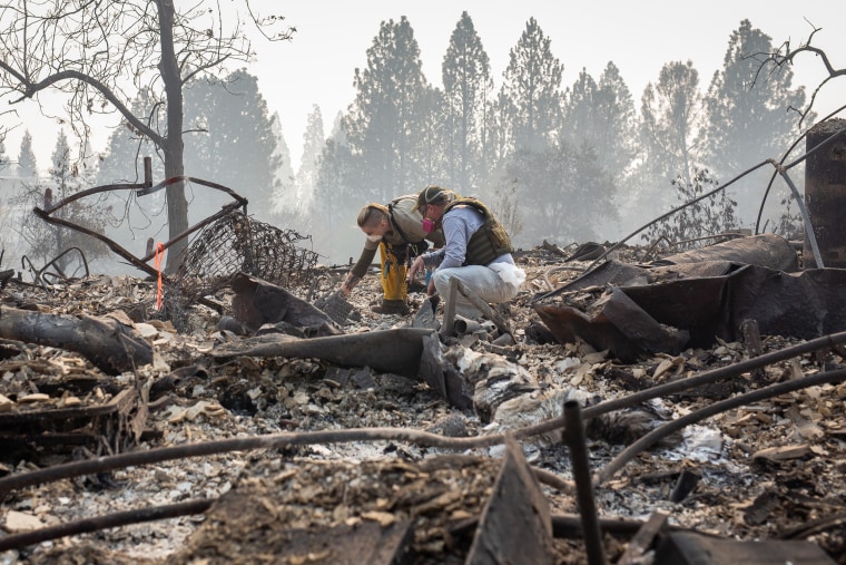 Search and rescue teams, often made up of volunteers, look for human remains among the debris of burned down homes on Nov. 16, 2018 in Paradise, California.