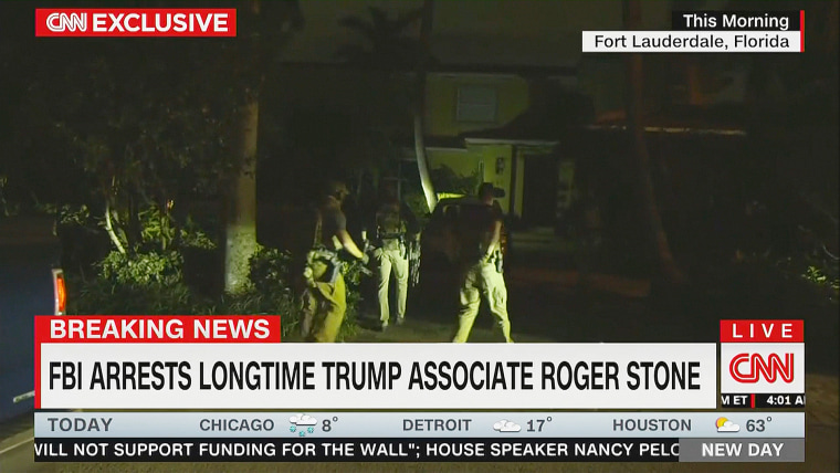 A still from CNN's footage of Roger Stone's arrest. 