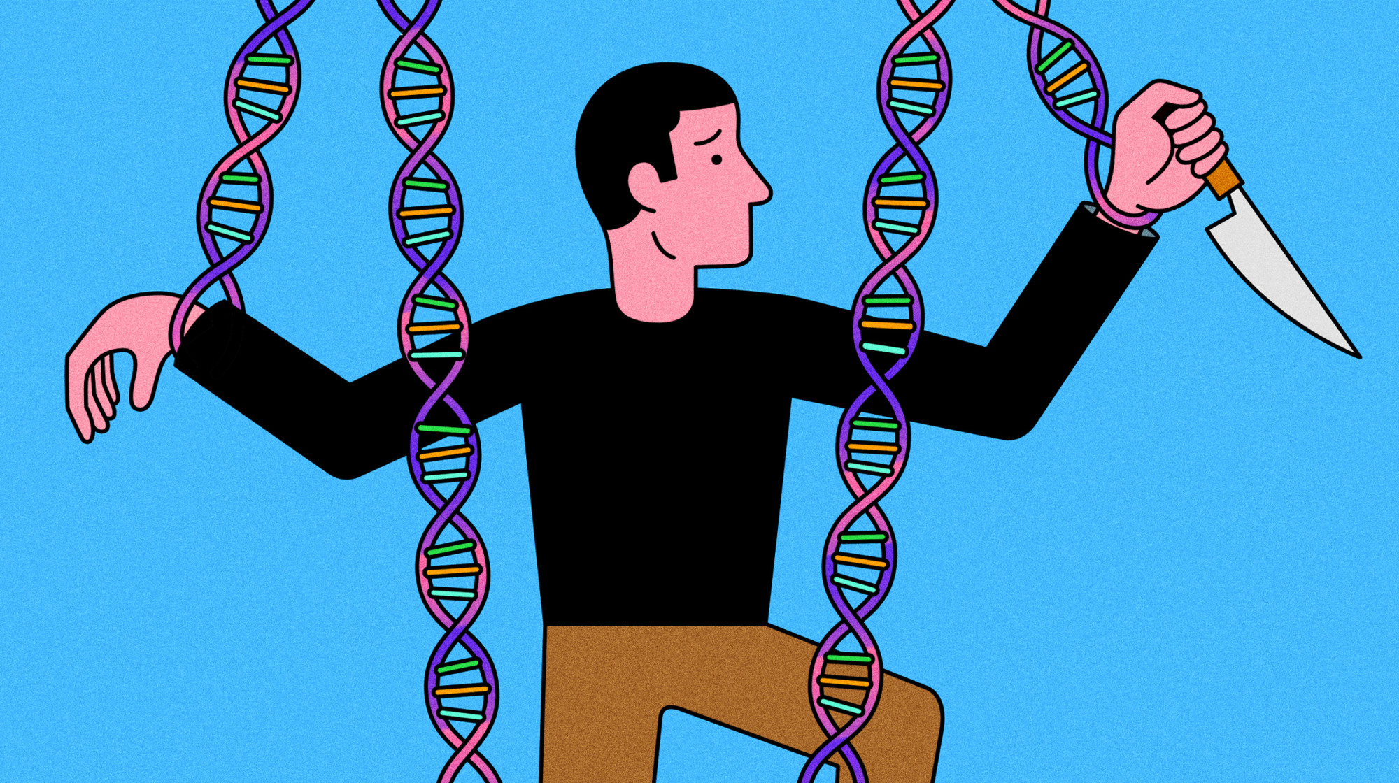 Illustration of man holding knife while being controlled by DNA puppet strings.
