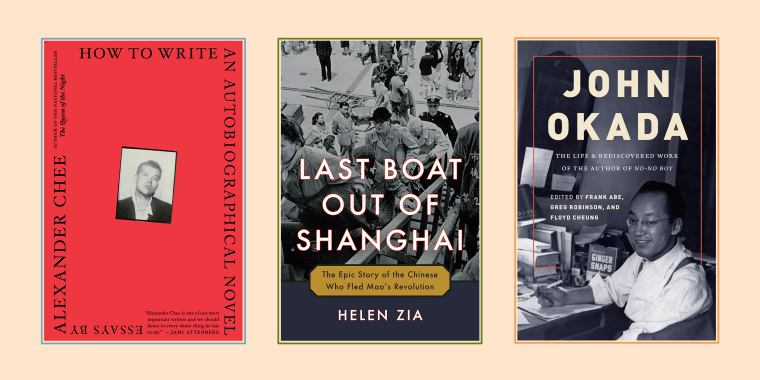 Book covers for "How to Write an Autobiographical Novel" by Alexander Chee, "Last Boat Out of Shanghai: The Epic Story of the Chinese Who Fled Mao's Revolution", and "JOHN OKADA: The Life & Rediscovered Work of the Author of 'No-No Boy."