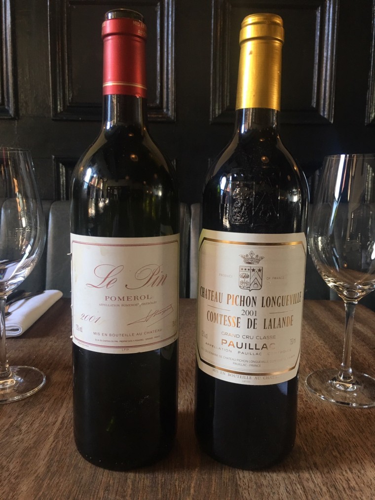 Image: A $5,700 bottle of Château Le Pin, left, was accidentally served instead of the intended bottle, right. It retails for just $330.
