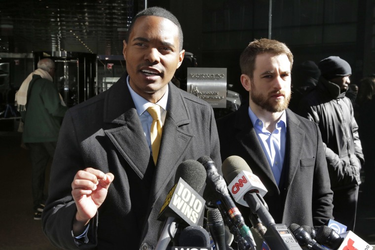 Image: New York City Council Member Ritchie Torres, left, and Housing Rights Initiative Executive Director Aaron Carr address a news conference outside Kushner Companies headquarters, in New York