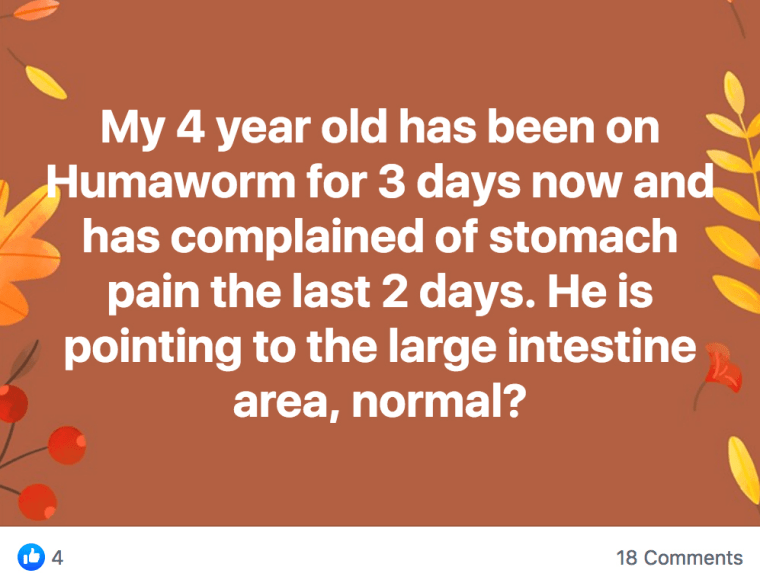 afbeelding: een gebruikerspost met vragen over de maagpijn van hun kind.