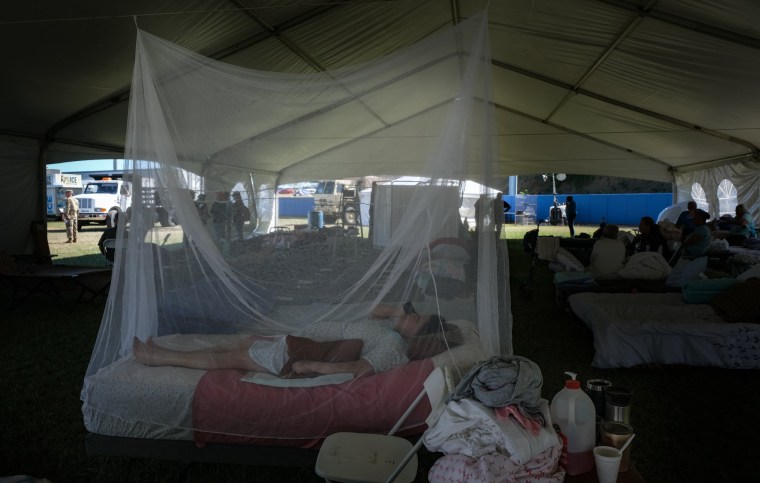 Image: A bedridden women lies under a mosquito net at Yauco Stadium