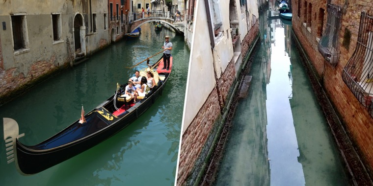 Tourists on a Venice canal in 2013; Water in Venice's canals appeared to run clearer in the absence of boat traffic in early March.