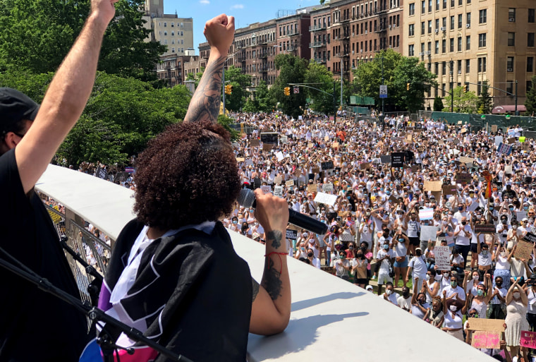 Image: The sister of Layleen Polanco, a transgender woman who died in Rikers Island Jail last year, speaks to a crowd gathered outside the Brooklyn Museum for a rally and march for Black transgender lives on June 14, 2020.