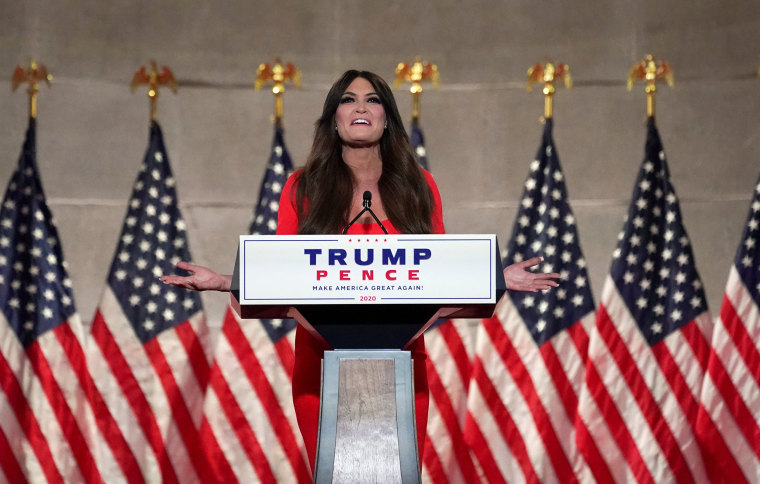 Image: Kimberly Guilfoyle gives a pre-recorded speech to the largely virtual Republican National Convention in Charlotte, from Washington