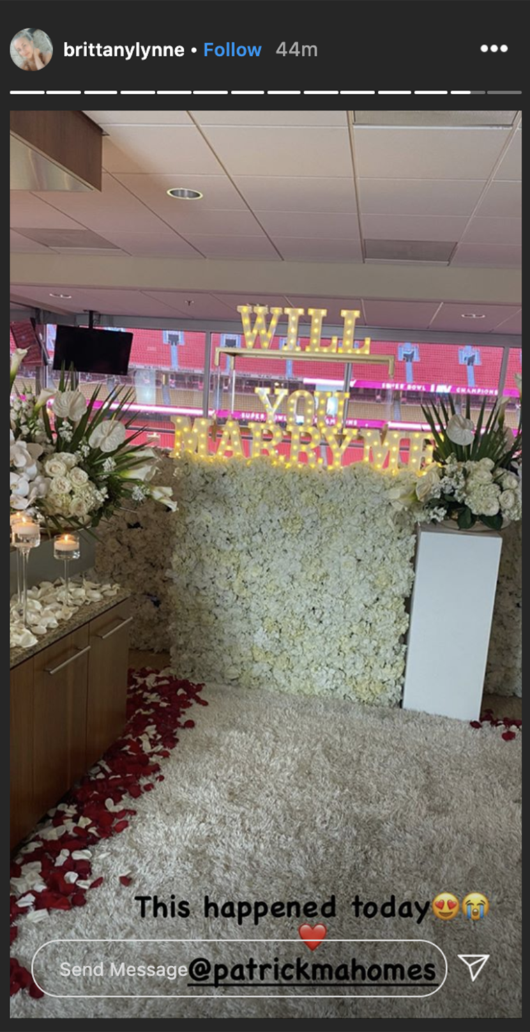 Mahomes appears to have filled a suite at Arrowhead Stadium with flowers and candles to propose to his longtime love, Brittany Matthews.