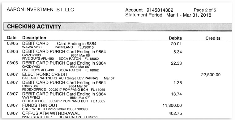A bank statement showing a check from Ballard Partners deposited by Lev Parnas.