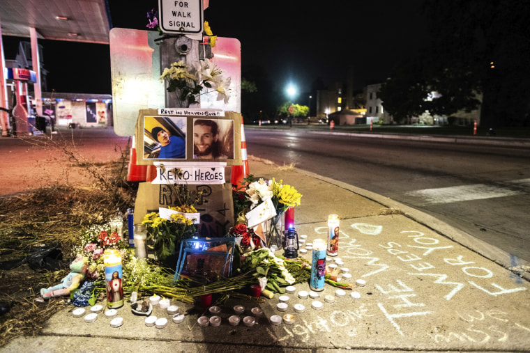 A memorial for Anthony Huber and Joseph Rosenbaum stands in Kenosha, Wis., on Sept. 1, 2020.