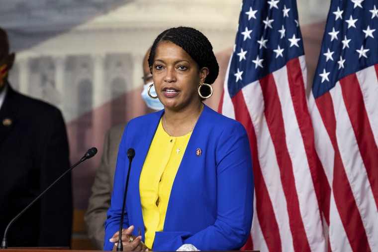 Image: U.S. Representative Jahana Hayes (D-CT) speaking at a press conference of the Congressional Black Caucus.