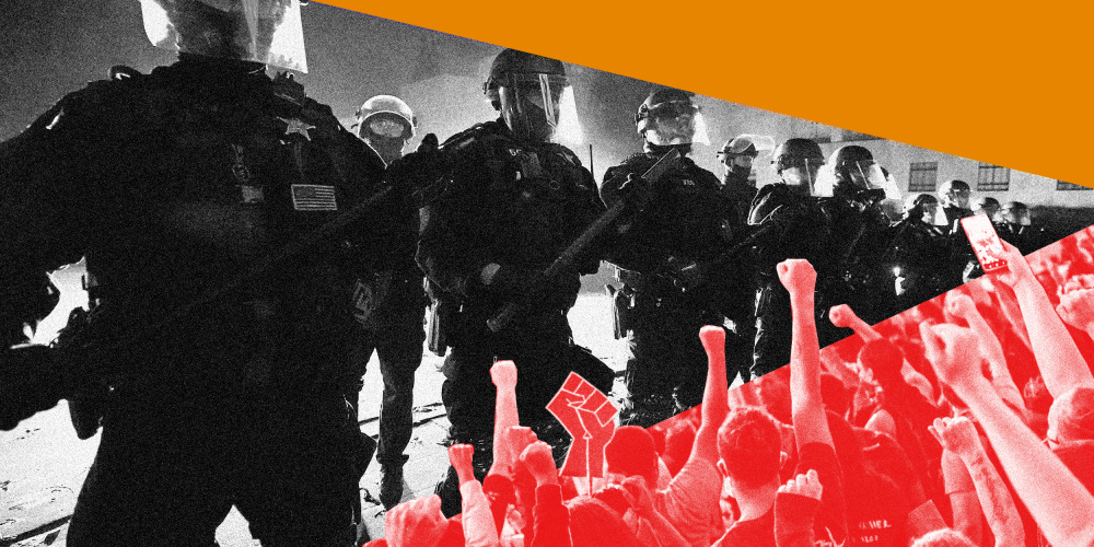 A photo illustration shows a line of heavily armed police in riot gear with a triangle below it showing protesters with their fists raised