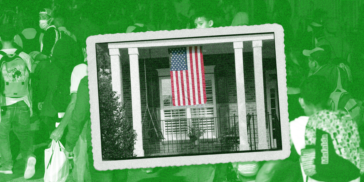 A photo illustration shows a postcard of the front porch of a brick house with an American flag. The background behind the postcard is tinted green and shows a group of refugees walking on a road.