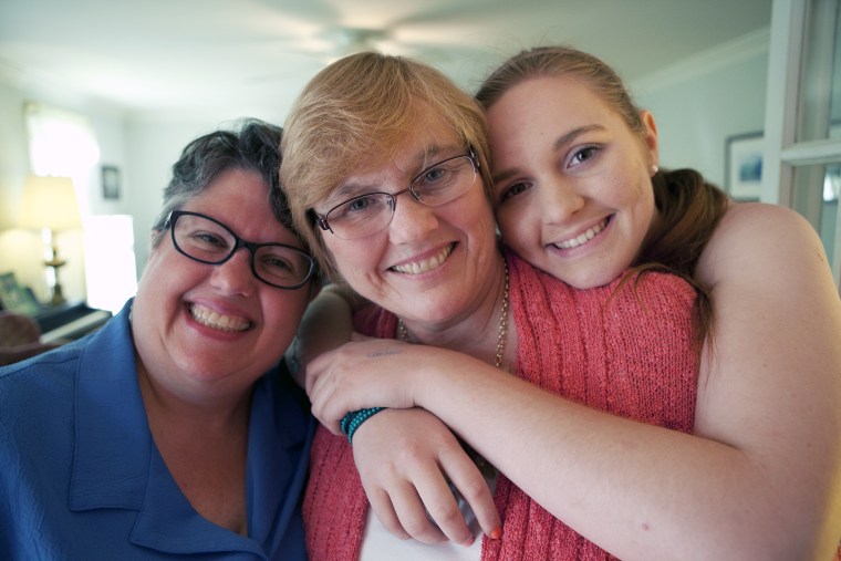 Image: Carol Schall, Mary Townley and their daughter Emily Schall-Townley at their home in North Chesterfield