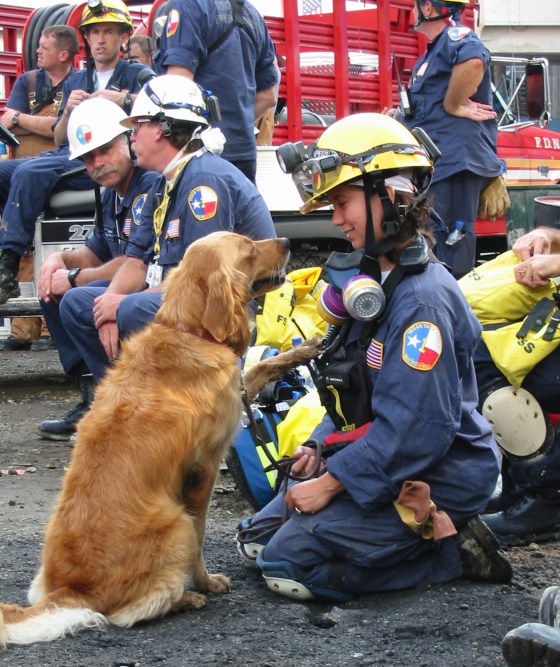 Bretagne the search dog and Denise Corliss at Ground Zero in September 2001.