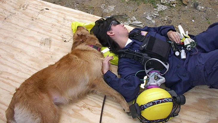 Bretagne and Denise Corliss take a quick nap amid the rubble of the World Trade Center in 2001.